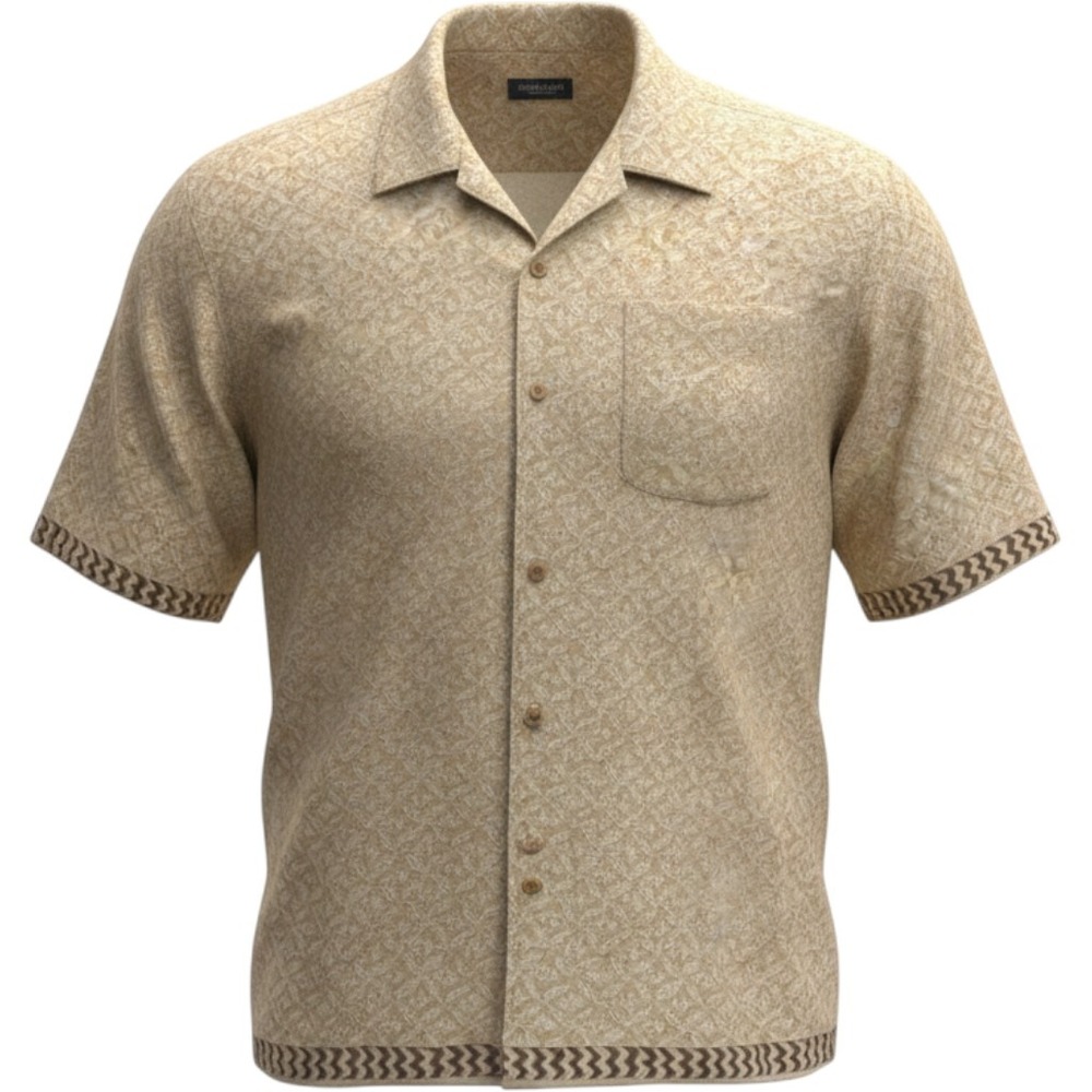Mens XXL Washable Silk Camp Shirt Tan Leaf Print Short Sleeve Button Up Vacation